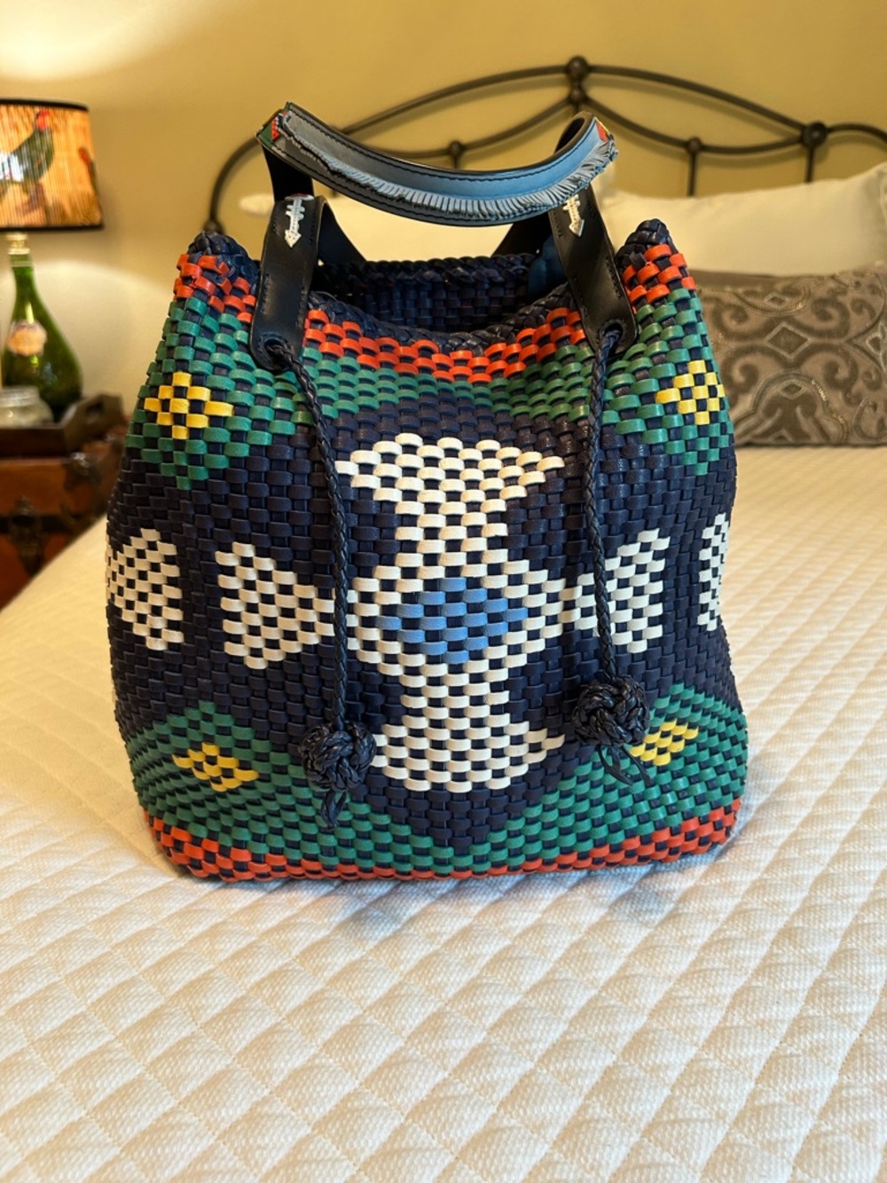 Tory Burch Large Woven Southwestern Aztec Tote in Navy